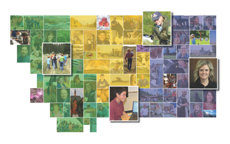 Montana map with small pictures across the state depicting that we serve all types of Montanans, across generations, across Montana. Photos are overlayed with green, blue and gold for decorative purposes.